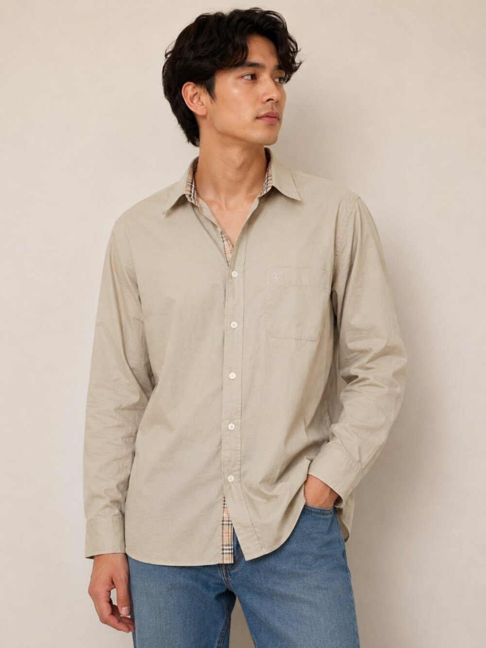 Burberry London Men’s Beige Long Sleeve Button Down Shirt Size L Check Colla0769